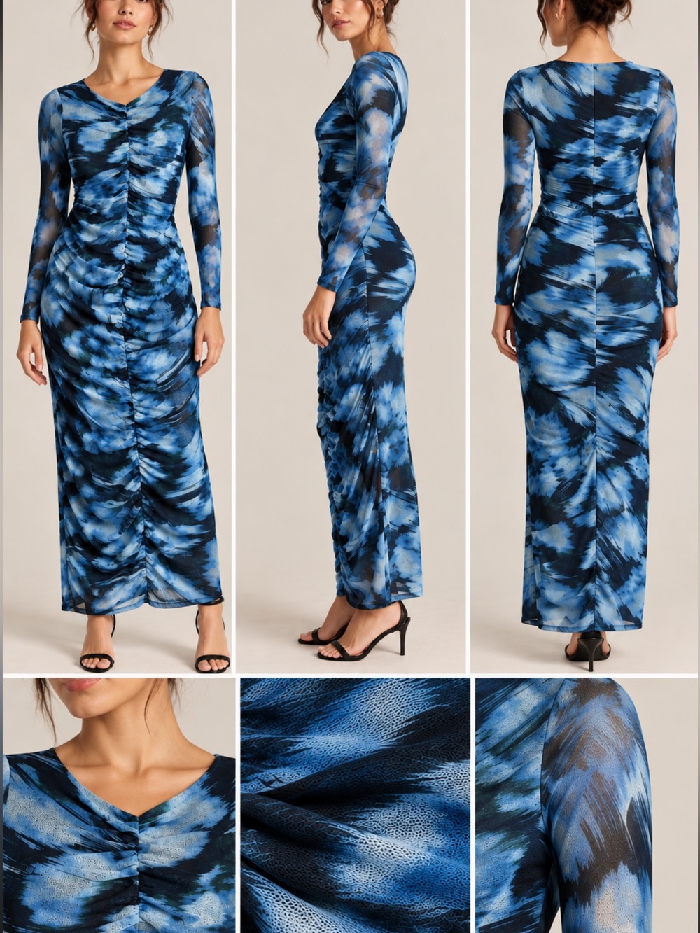 Abercrombie & Fitch Ruched Mesh Maxi Dress Blue Abstract Long Sleeve SP Petite